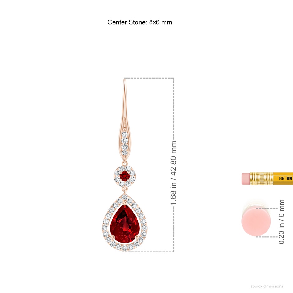 8x6mm Labgrown Lab-Grown Round and Pear Ruby Halo Leverback Earrings in Rose Gold ruler