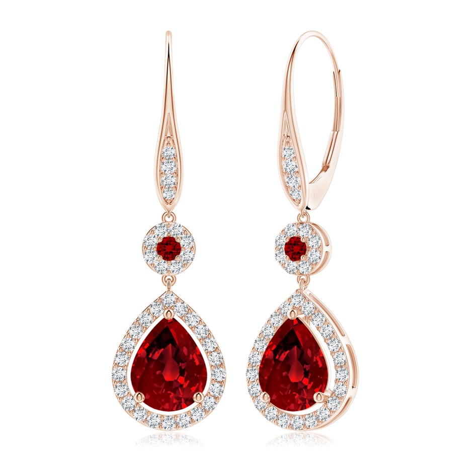 9x7mm Labgrown Lab-Grown Round and Pear Ruby Halo Leverback Earrings in 18K Rose Gold 