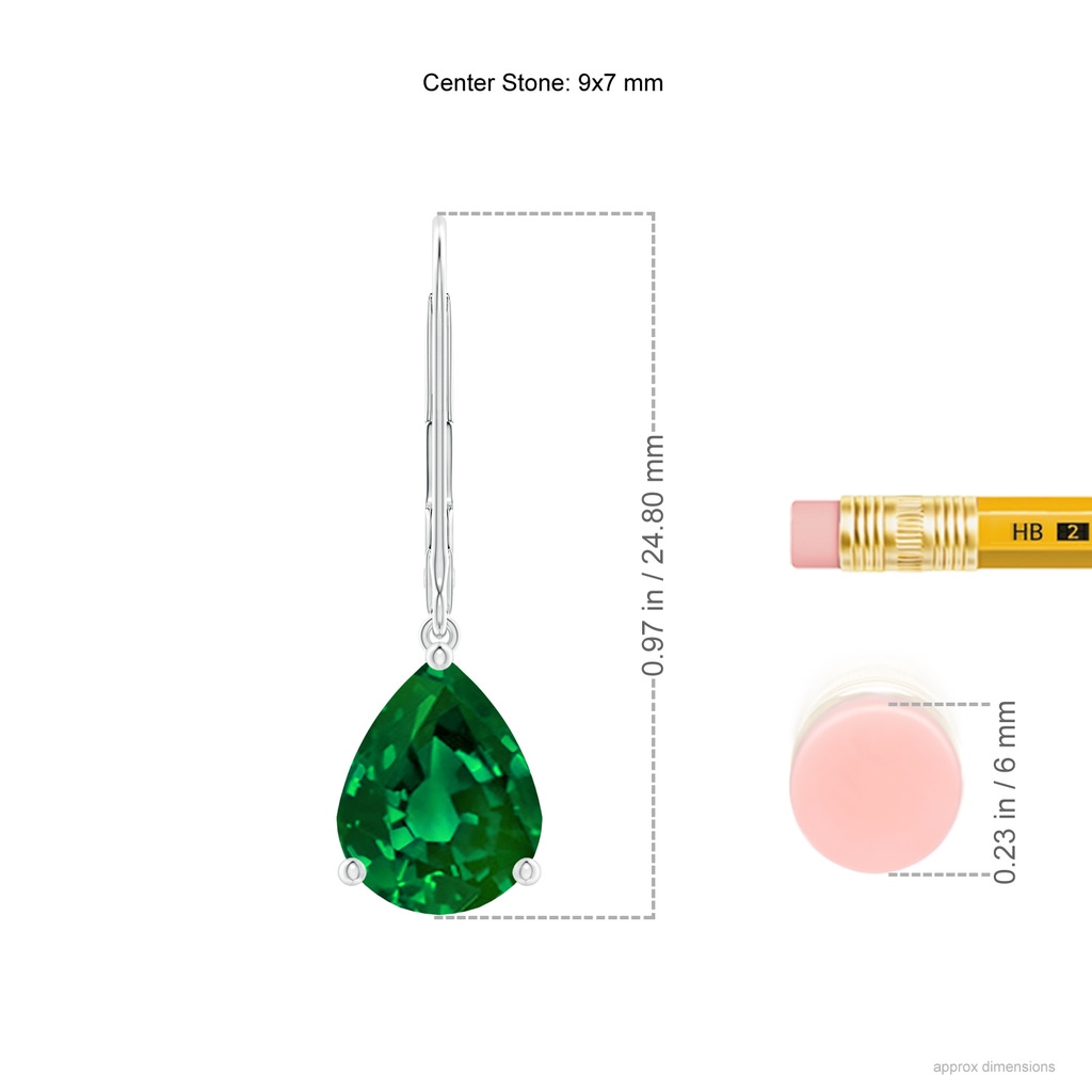 9x7mm Labgrown Lab-Grown Solitaire Pear-Shaped Emerald Leverback Earrings in White Gold ruler