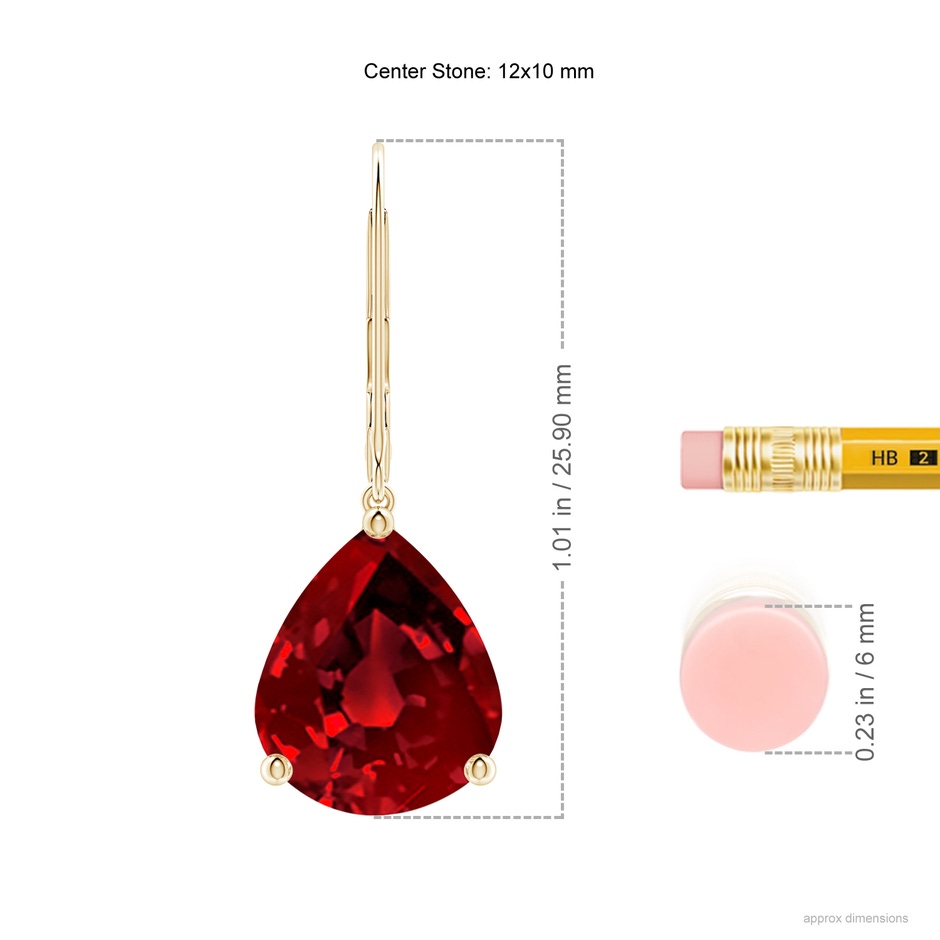 12x10mm Labgrown Lab-Grown Solitaire Pear-Shaped Ruby Leverback Earrings in Yellow Gold ruler