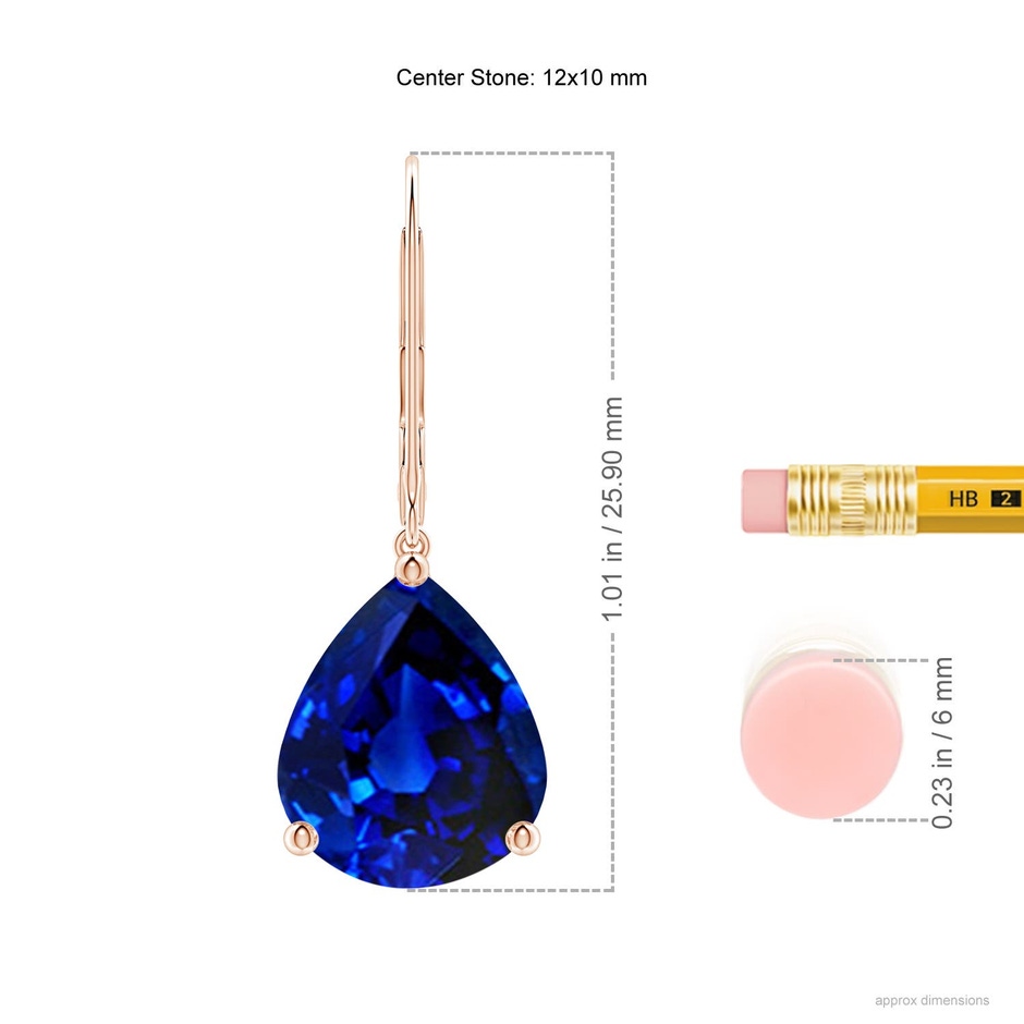 12x10mm Labgrown Lab-Grown Solitaire Pear-Shaped Blue Sapphire Leverback Earrings in Rose Gold ruler