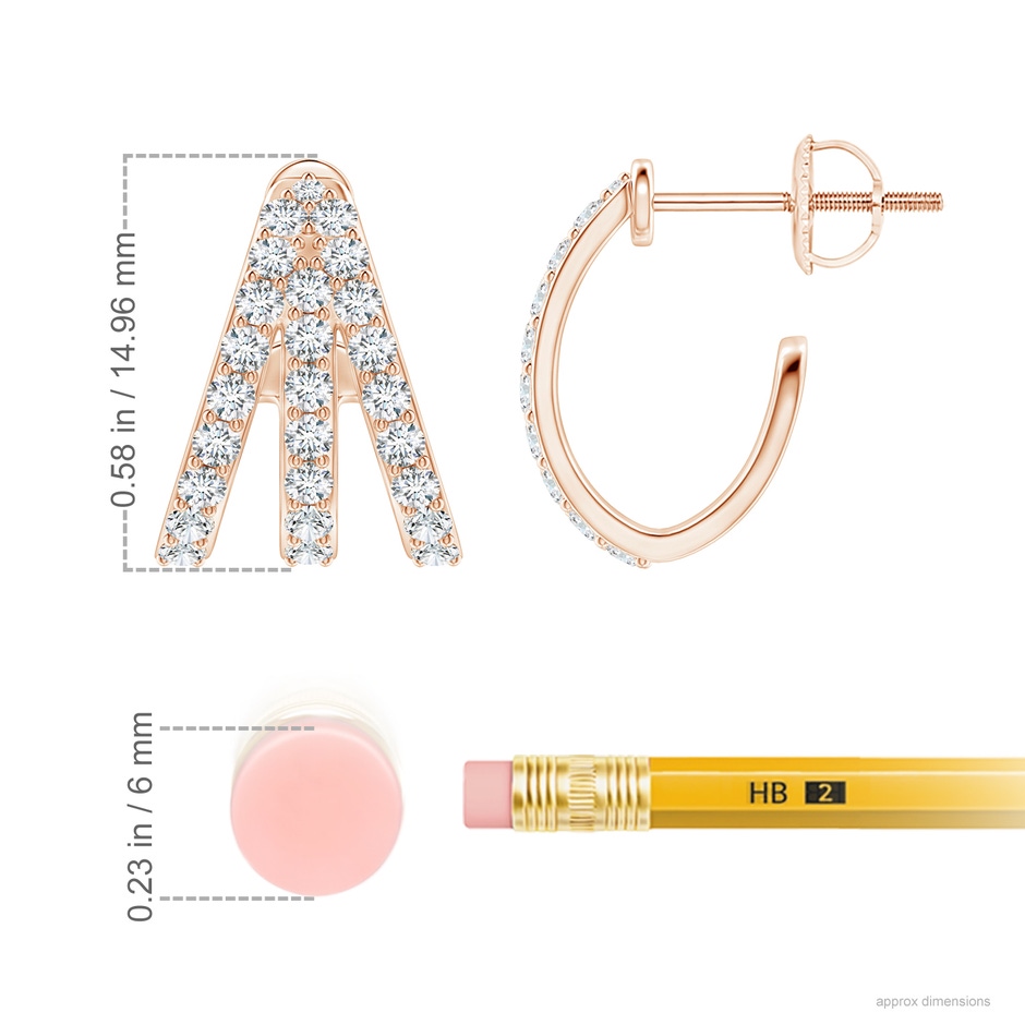 1.55mm FGVS Lab-Grown-Diamond Trident Huggie Hoop Earrings in 18K Rose Gold ruler