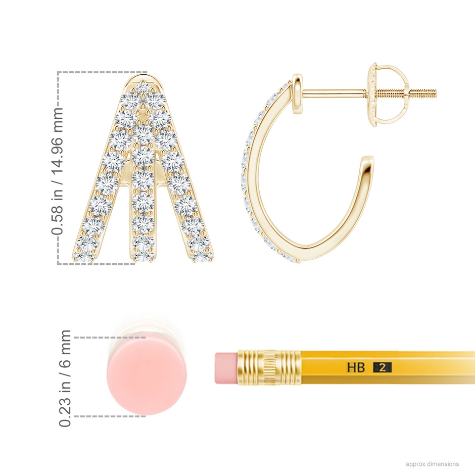 1.55mm FGVS Lab-Grown-Diamond Trident Huggie Hoop Earrings in 18K Yellow Gold ruler