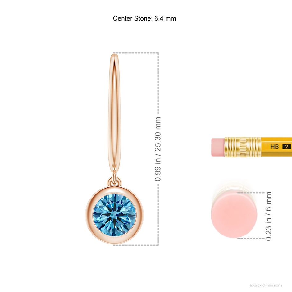 6.4mm Labgrown Classic Bezel-Set Round Lab-Grown Fancy Intense Blue Diamond Leverback Drop Earrings in Rose Gold ruler