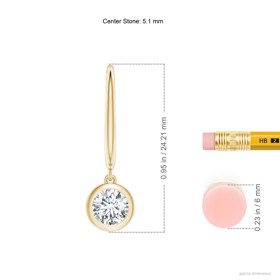 5.1mm FGVS Lab-Grown Classic Bezel-Set Round Diamond Leverback Drop Earrings in Yellow Gold ruler