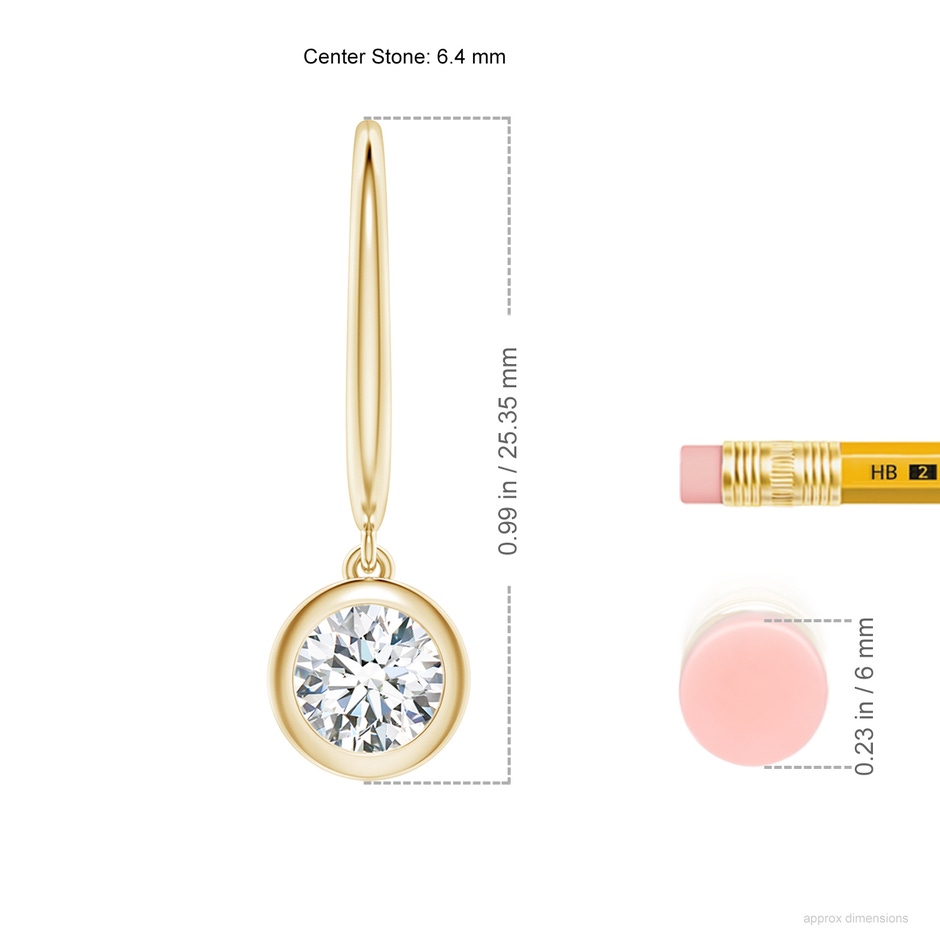 6.4mm FGVS Lab-Grown Classic Bezel-Set Round Diamond Leverback Drop Earrings in Yellow Gold ruler