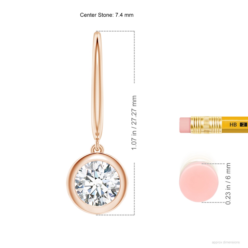 7.4mm FGVS Lab-Grown Classic Bezel-Set Round Diamond Leverback Drop Earrings in 18K Rose Gold ruler