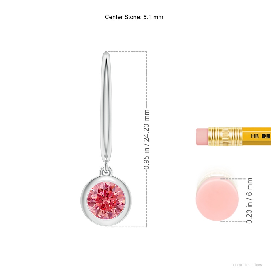 5.1mm Labgrown Classic Bezel-Set Round Lab-Grown Fancy Intense Pink Diamond Leverback Drop Earrings in 18K White Gold ruler