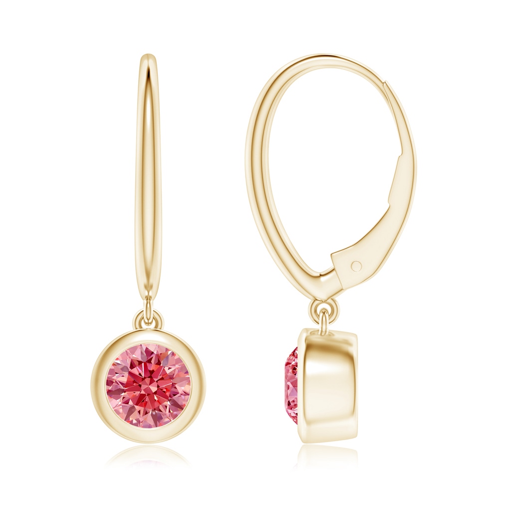 5.1mm Labgrown Classic Bezel-Set Round Lab-Grown Fancy Intense Pink Diamond Leverback Drop Earrings in Yellow Gold