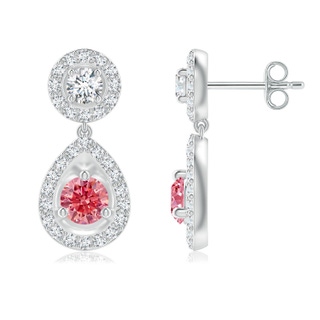 4.1mm Labgrown Round Lab-Grown Fancy Intense Pink Diamond Teardrop Halo Earrings in P950 Platinum