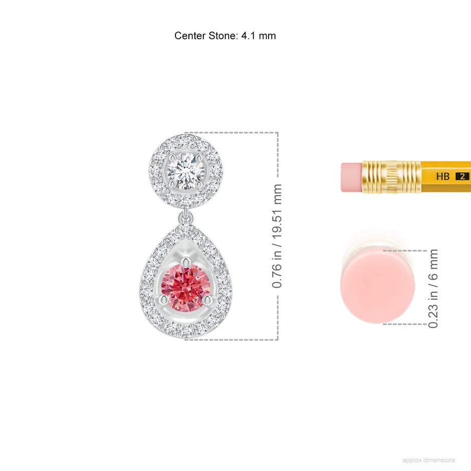 4.1mm Labgrown Round Lab-Grown Fancy Intense Pink Diamond Teardrop Halo Earrings in White Gold ruler