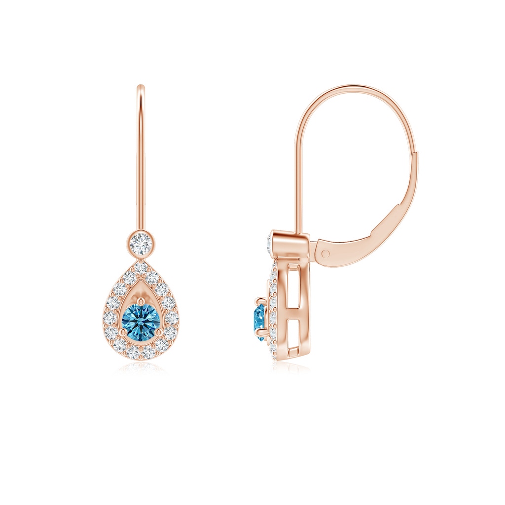 2.6mm Labgrown Round Lab-Grown Fancy Intense Blue Diamond Teardrop Halo Leverback Earrings in Rose Gold