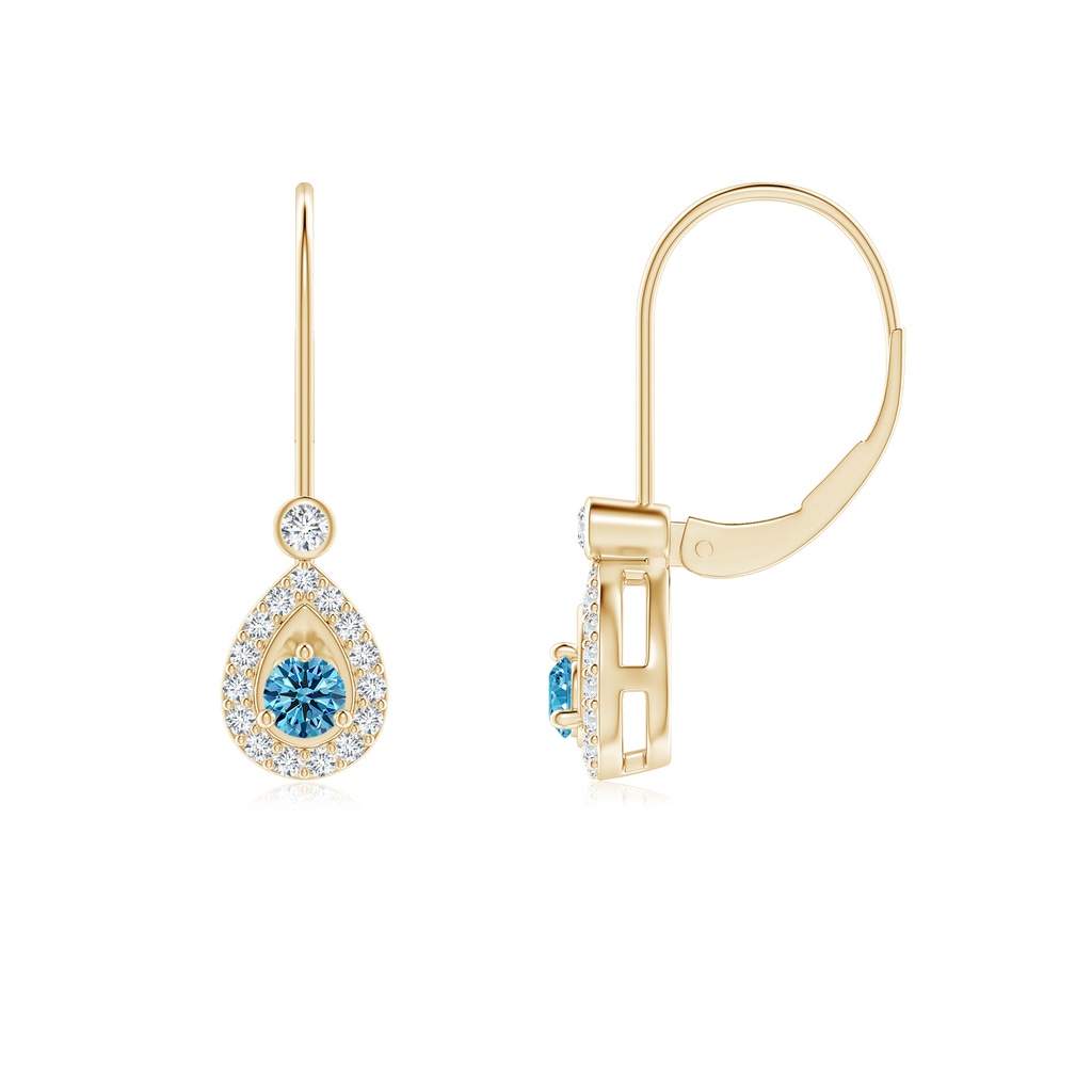 2.6mm Labgrown Round Lab-Grown Fancy Intense Blue Diamond Teardrop Halo Leverback Earrings in Yellow Gold