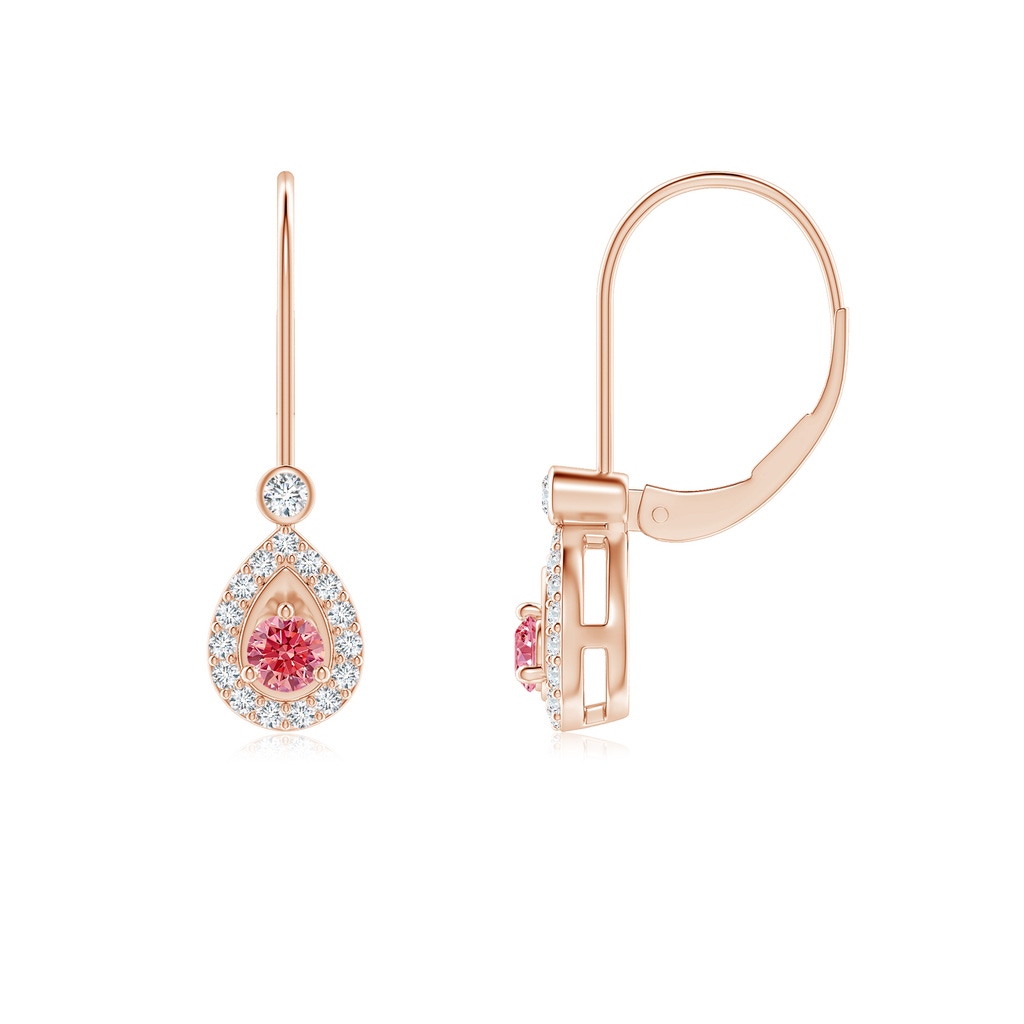 2.6mm Labgrown Round Lab-Grown Fancy Intense Pink Diamond Teardrop Halo Leverback Earrings in Rose Gold