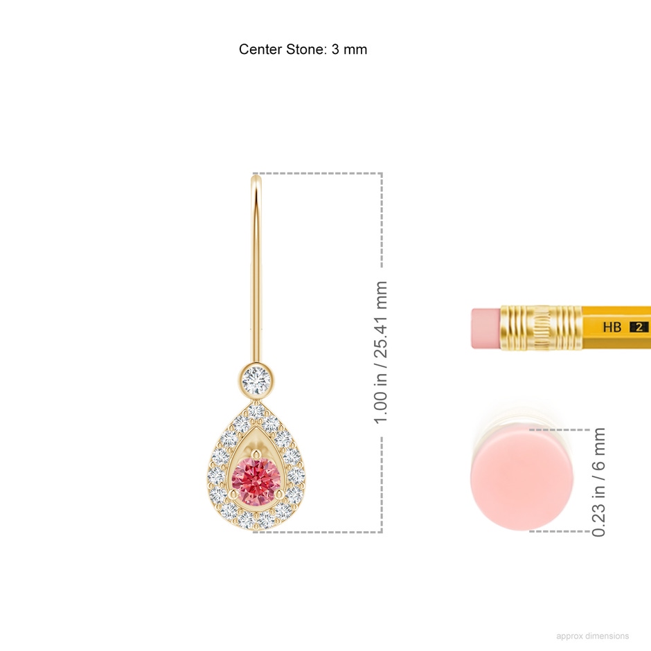 3mm Labgrown Round Lab-Grown Fancy Intense Pink Diamond Teardrop Halo Leverback Earrings in Yellow Gold ruler