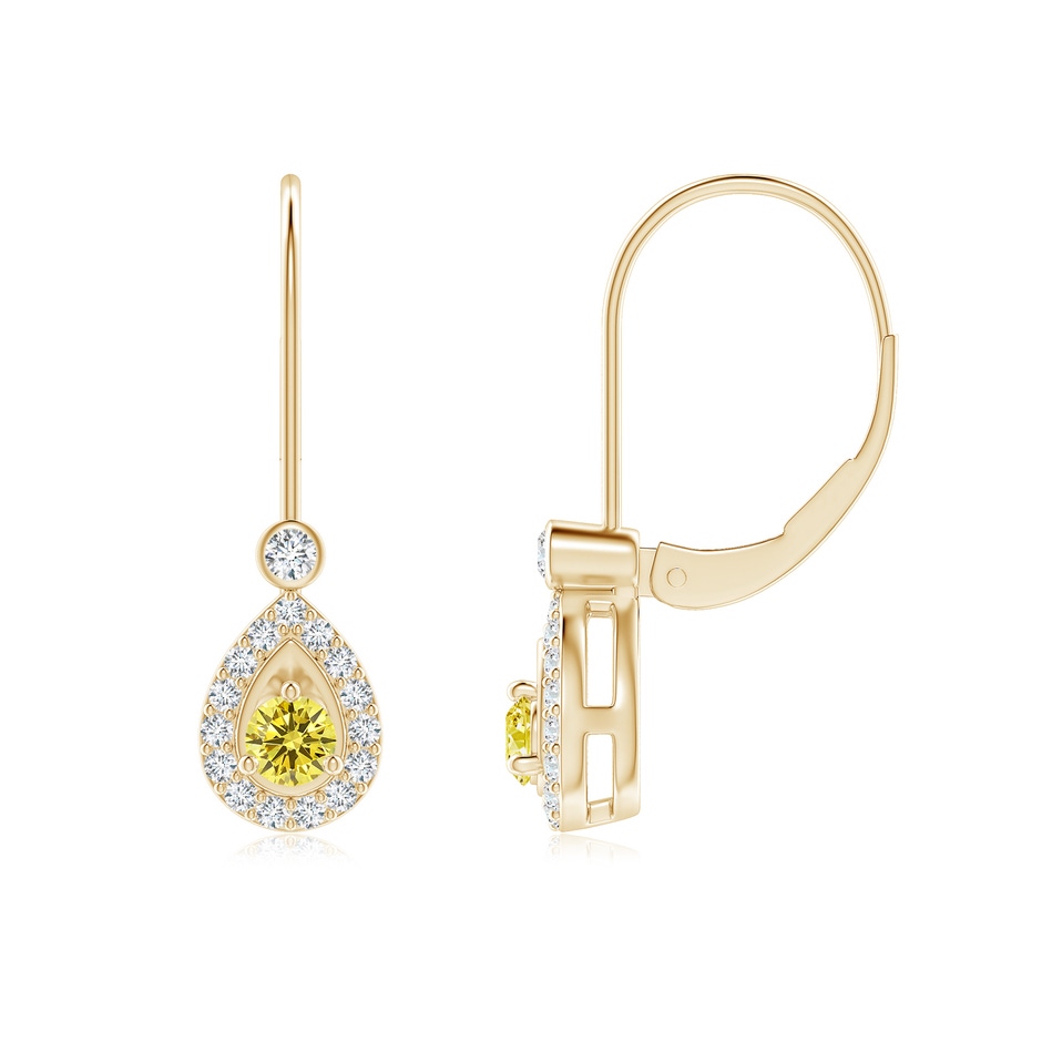 3mm Labgrown Round Lab-Grown Fancy Intense Yellow Diamond Teardrop Halo Leverback Earrings in 18K Yellow Gold 