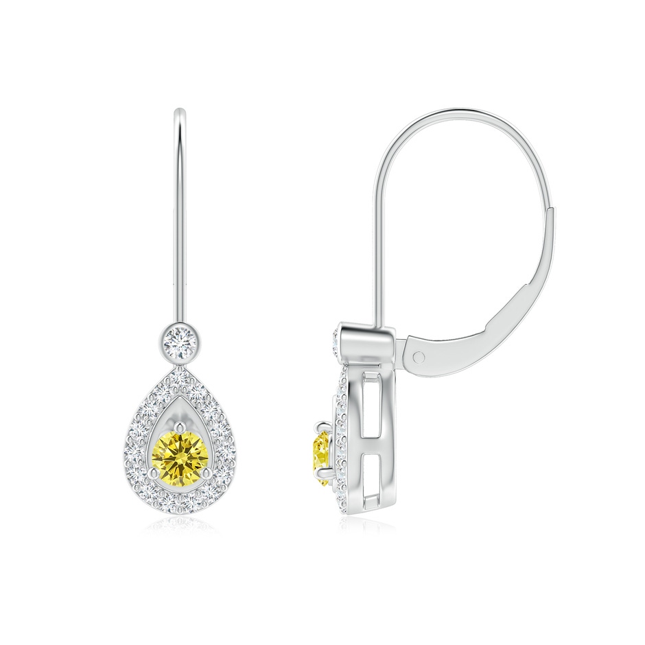 3mm Labgrown Round Lab-Grown Fancy Intense Yellow Diamond Teardrop Halo Leverback Earrings in White Gold 