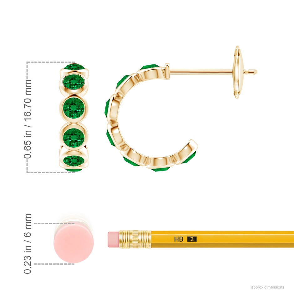 3.5mm Labgrown Lab-Grown Bezel-Set Emerald Huggie Hoop Earrings in Yellow Gold ruler