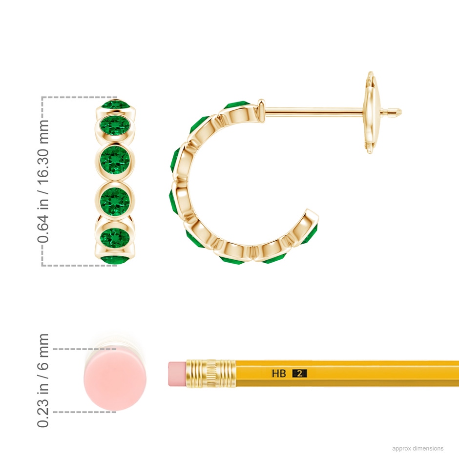 3mm Labgrown Lab-Grown Bezel-Set Emerald Huggie Hoop Earrings in Yellow Gold ruler
