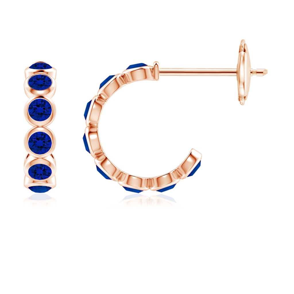 3mm Labgrown Lab-Grown Bezel-Set Blue Sapphire Huggie Hoop Earrings in Rose Gold