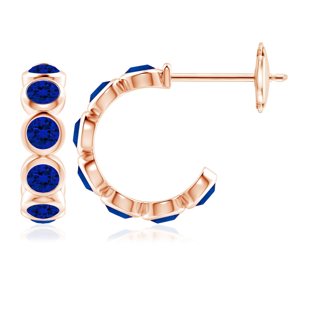 4mm Labgrown Lab-Grown Bezel-Set Blue Sapphire Huggie Hoop Earrings in 10K Rose Gold