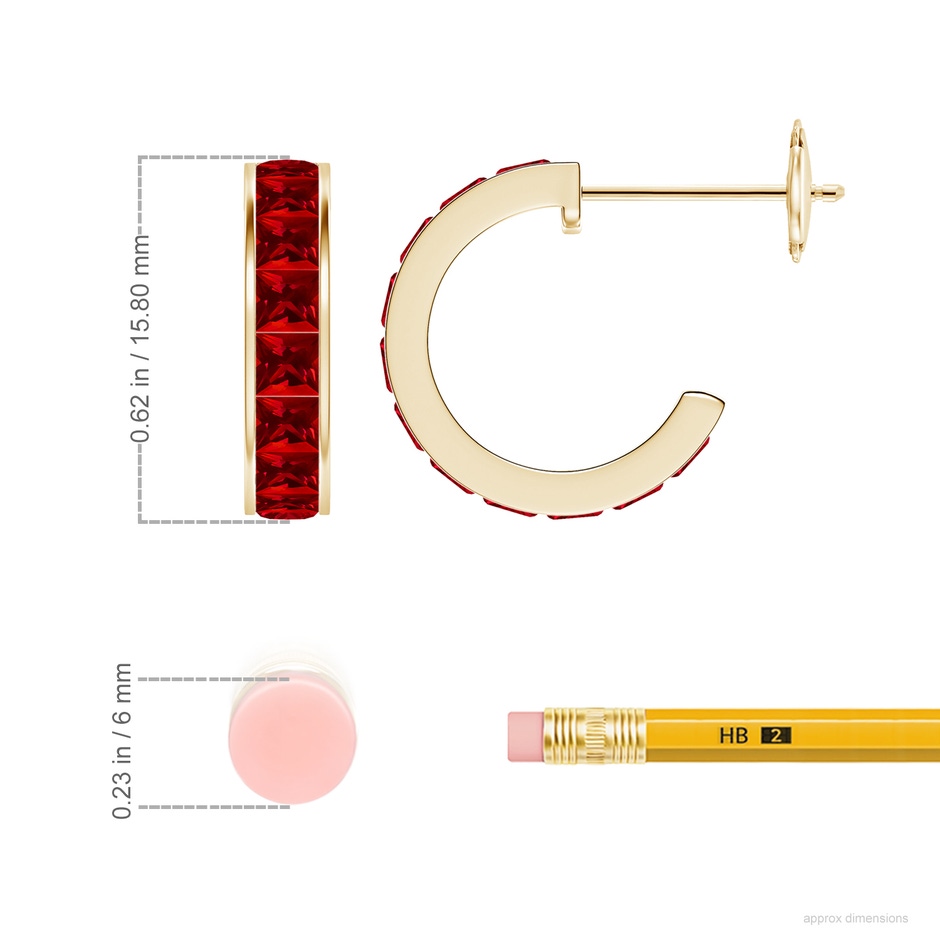 2.5mm Labgrown Lab-Grown Channel-Set Square Ruby Huggie Hoop Earrings in Yellow Gold ruler