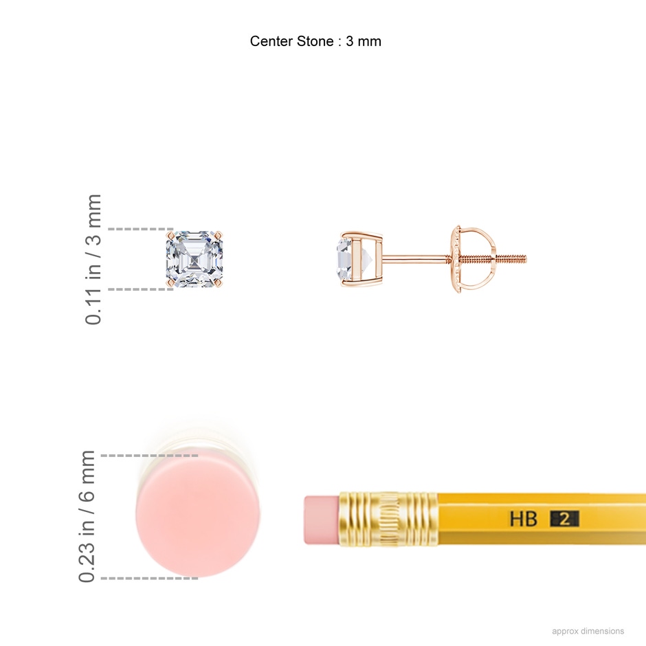 3mm FGVS Lab-Grown-Asscher-Cut Diamond Solitaire Stud Earrings in Rose Gold ruler