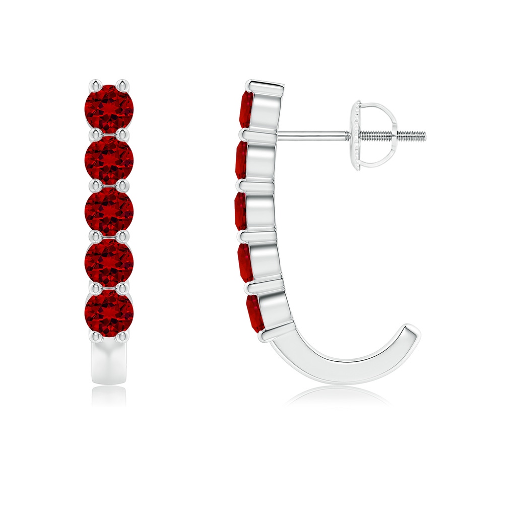 3mm Labgrown Lab-Grown Round Ruby J-Hoop Earrings in 18K White Gold