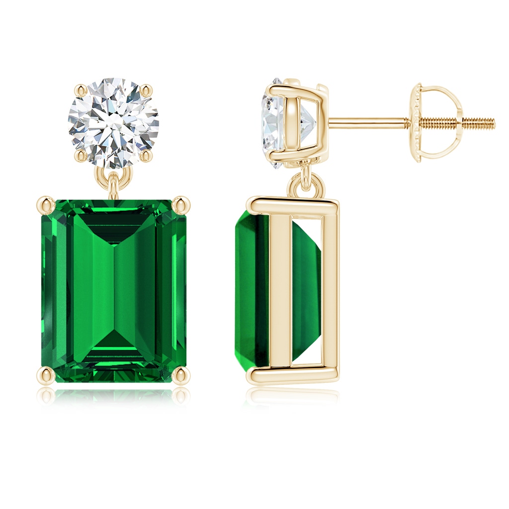 10x8mm Labgrown Lab-Grown Emerald-Cut Emerald Drop Earrings with Lab Diamond in Yellow Gold