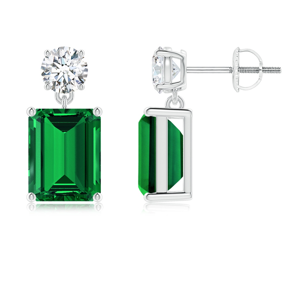 9x7mm Labgrown Lab-Grown Emerald-Cut Emerald Drop Earrings with Lab Diamond in 18K White Gold 