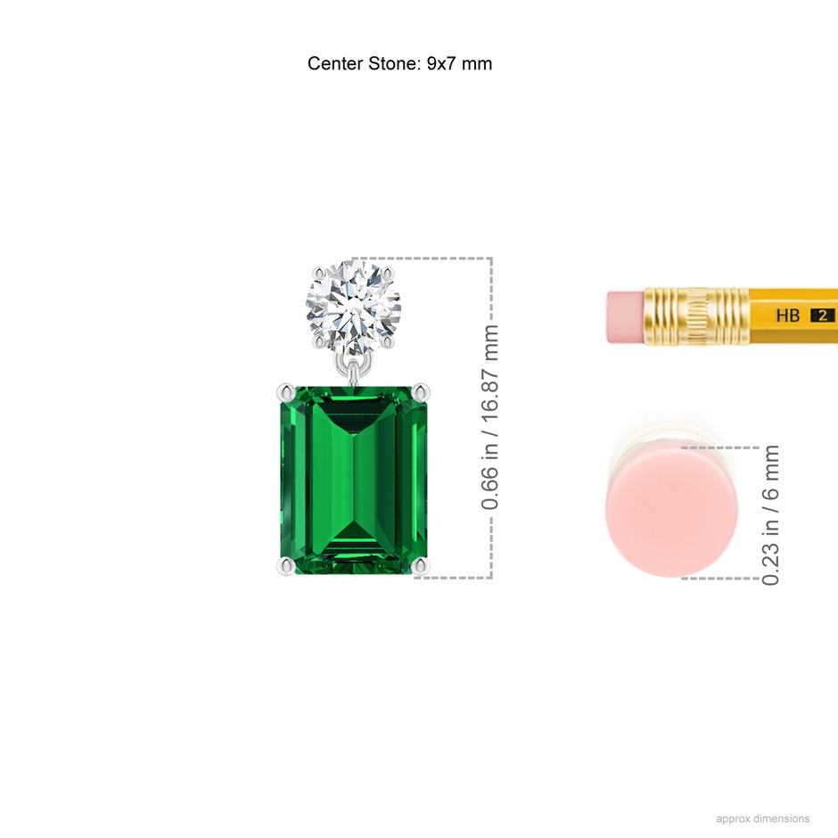9x7mm Labgrown Lab-Grown Emerald-Cut Emerald Drop Earrings with Lab Diamond in 18K White Gold ruler