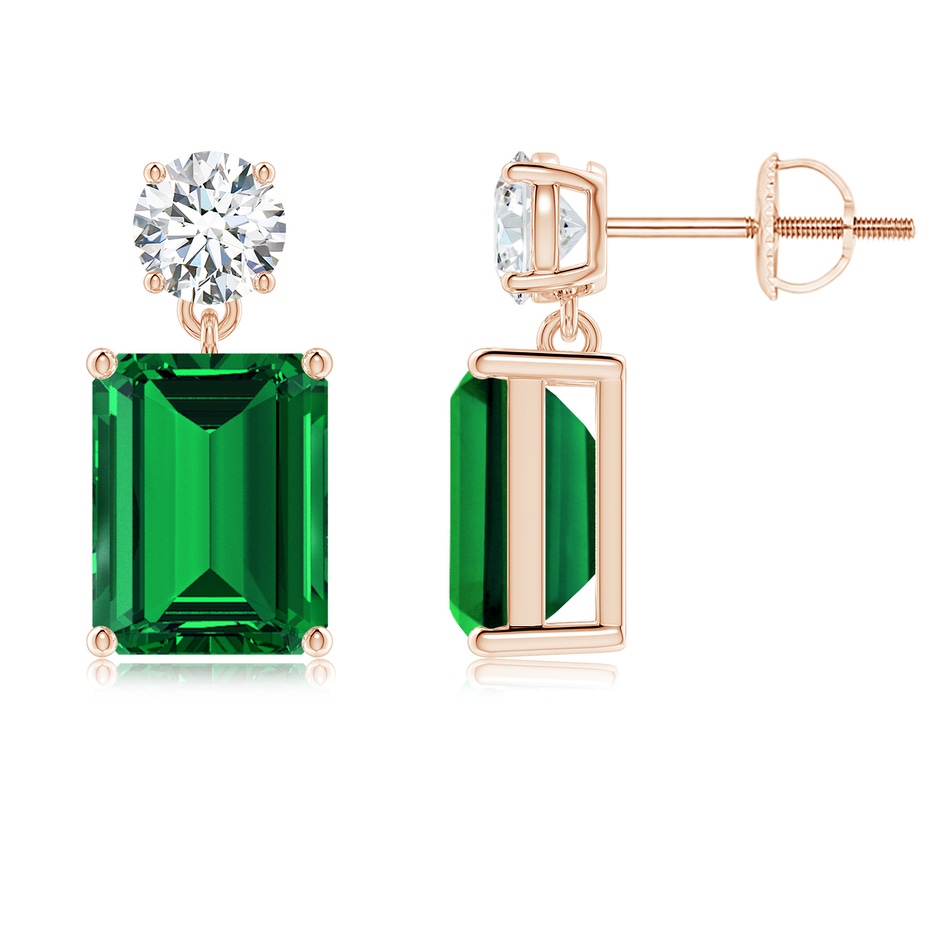 9x7mm Labgrown Lab-Grown Emerald-Cut Emerald Drop Earrings with Lab Diamond in Rose Gold 