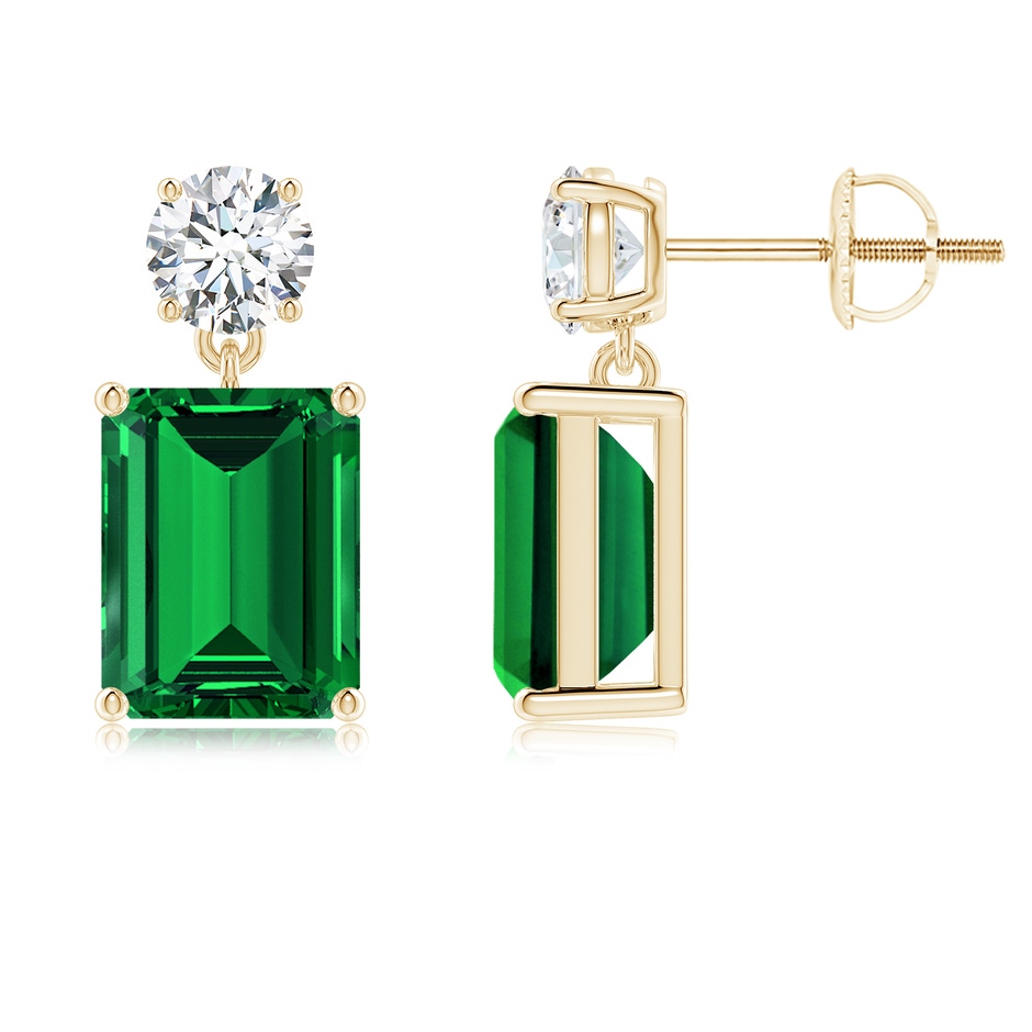 9x7mm Labgrown Lab-Grown Emerald-Cut Emerald Drop Earrings with Lab Diamond in Yellow Gold 