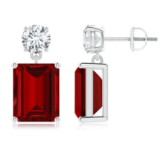 10x8mm Labgrown Lab-Grown Emerald-Cut Ruby Drop Earrings with Lab Diamond in P950 Platinum