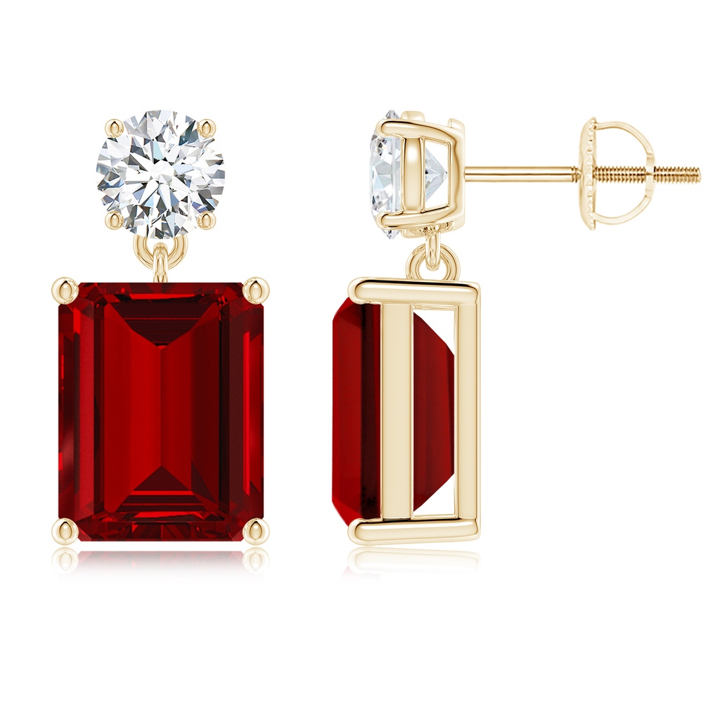 10x8mm Labgrown Lab-Grown Emerald-Cut Ruby Drop Earrings with Lab Diamond in Yellow Gold