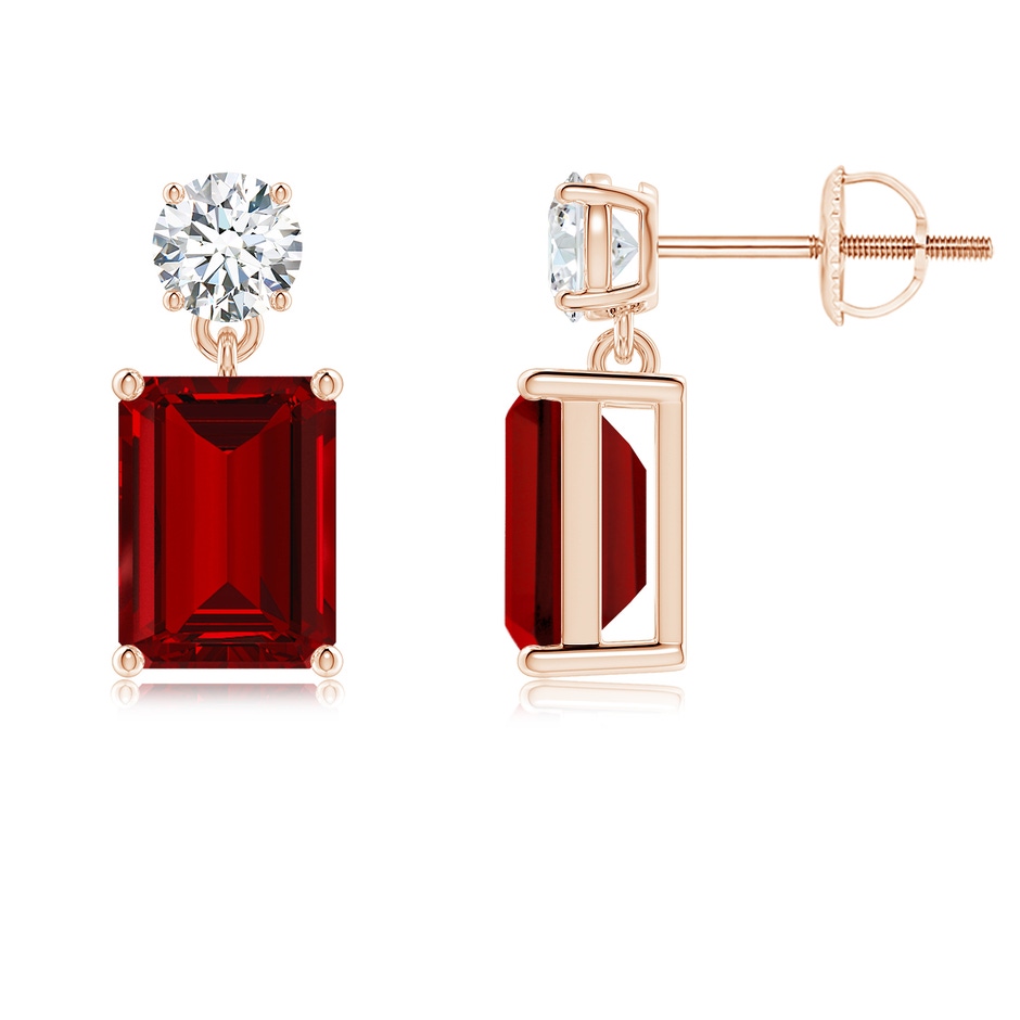 8x6mm Labgrown Lab-Grown Emerald-Cut Ruby Drop Earrings with Lab Diamond in Rose Gold 