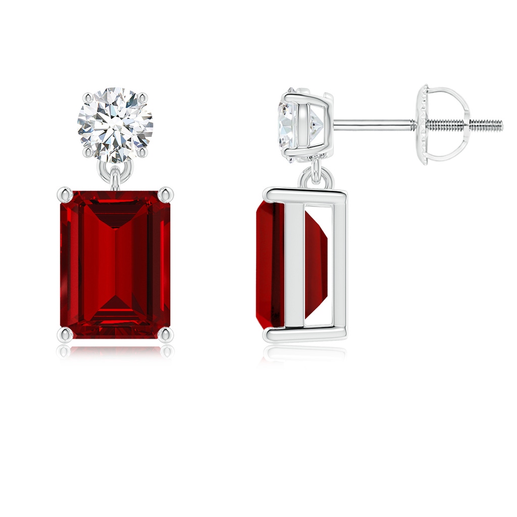 8x6mm Labgrown Lab-Grown Emerald-Cut Ruby Drop Earrings with Lab Diamond in White Gold