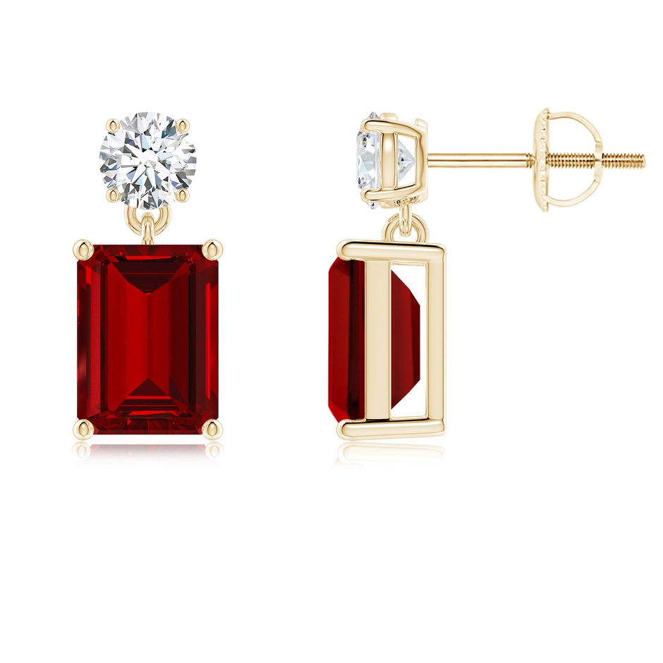 8x6mm Labgrown Lab-Grown Emerald-Cut Ruby Drop Earrings with Lab Diamond in Yellow Gold 