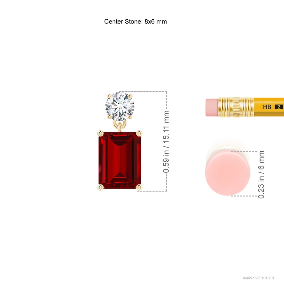 8x6mm Labgrown Lab-Grown Emerald-Cut Ruby Drop Earrings with Lab Diamond in Yellow Gold ruler