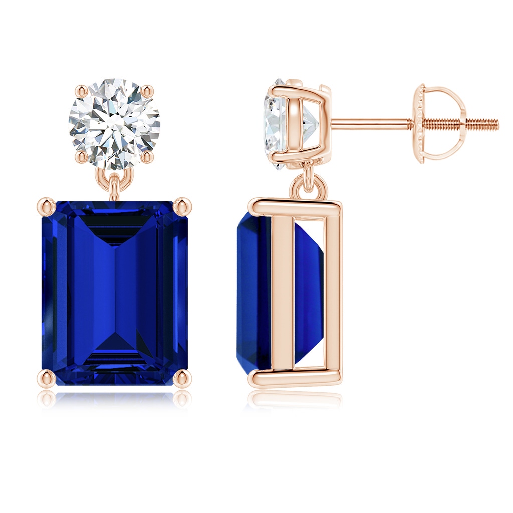 10x8mm Labgrown Lab-Grown Emerald-Cut Blue Sapphire Drop Earrings with Lab Diamond in Rose Gold