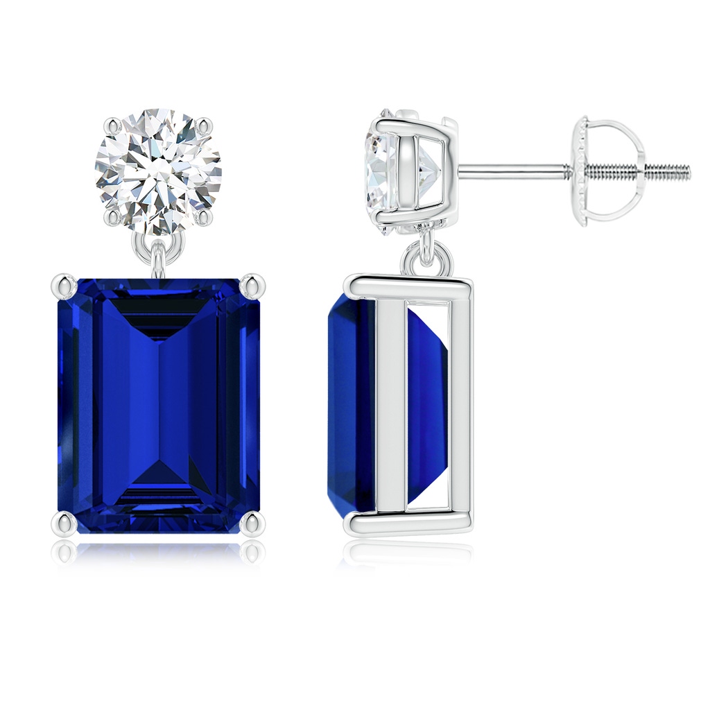 10x8mm Labgrown Lab-Grown Emerald-Cut Blue Sapphire Drop Earrings with Lab Diamond in White Gold