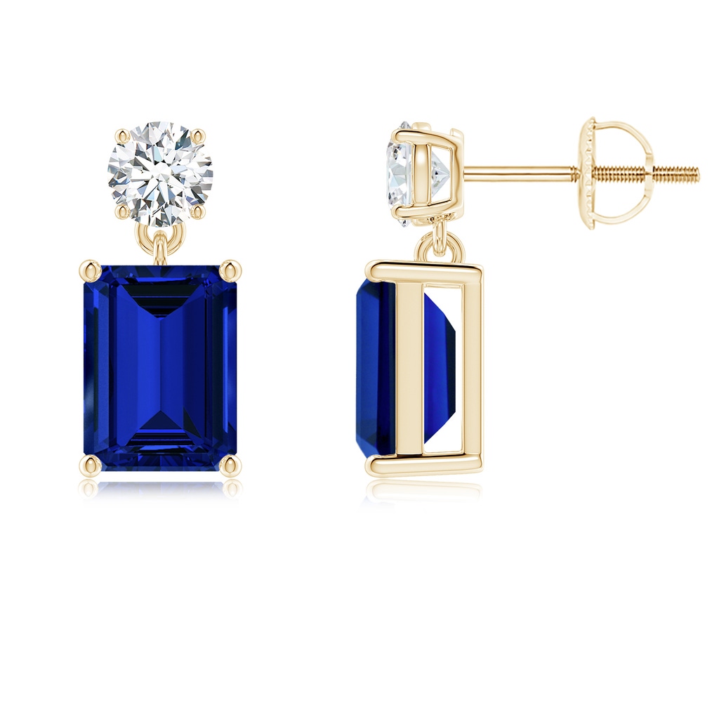 8x6mm Labgrown Lab-Grown Emerald-Cut Blue Sapphire Drop Earrings with Lab Diamond in Yellow Gold