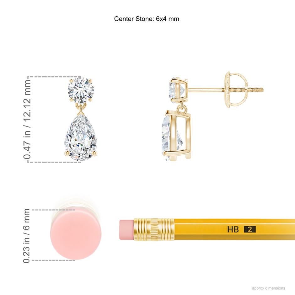 6x4mm FGVS Lab-Grown Pear-Shaped Diamond Drop Earrings in 18K Yellow Gold ruler