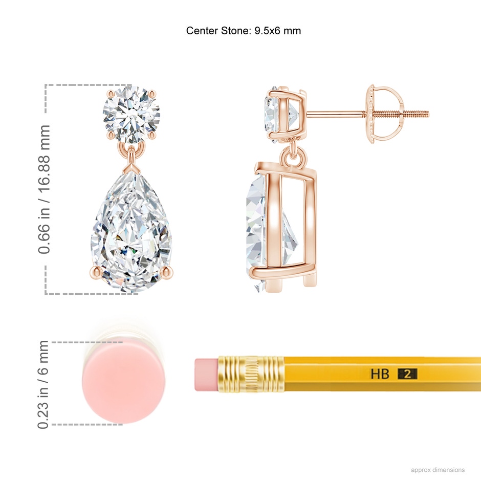 9.5x6mm FGVS Lab-Grown Pear-Shaped Diamond Drop Earrings in Rose Gold ruler