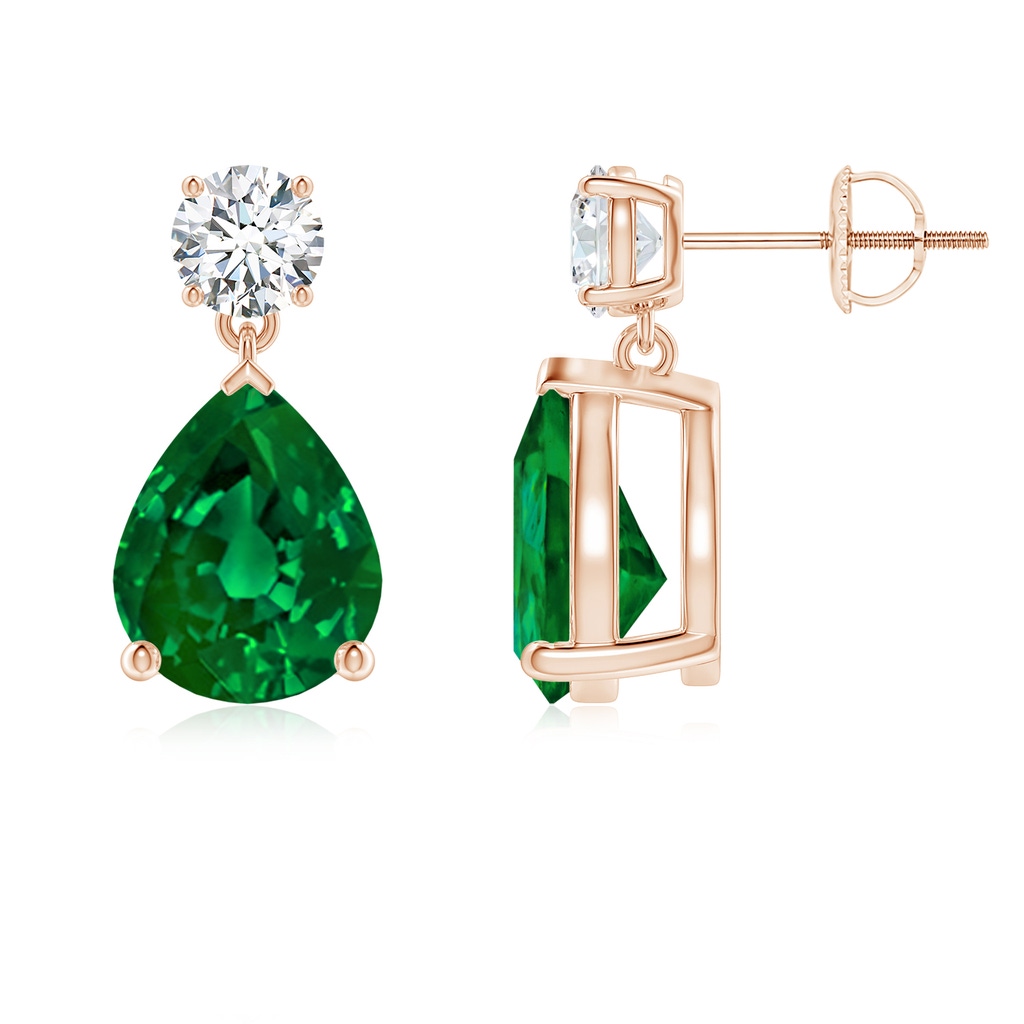 10x8mm Labgrown Lab-Grown Pear-Shaped Emerald Drop Earrings with Lab Diamond in Rose Gold