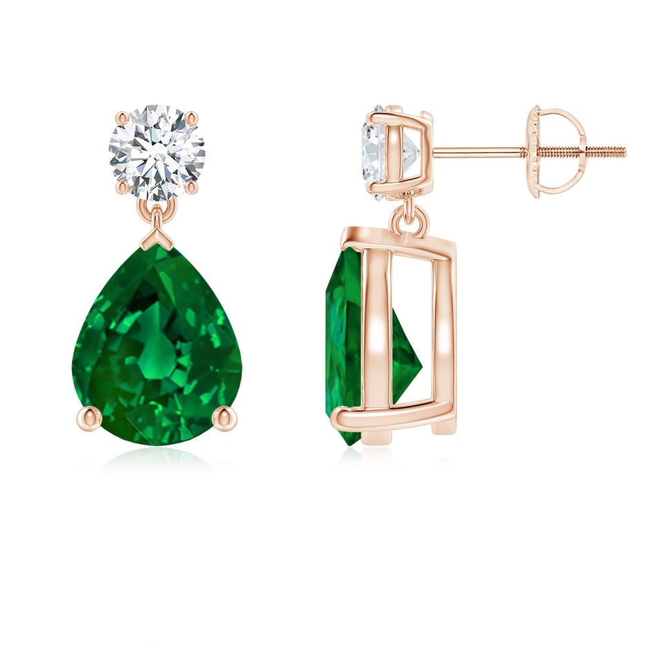 10x8mm Labgrown Lab-Grown Pear-Shaped Emerald Drop Earrings with Lab Diamond in Rose Gold 