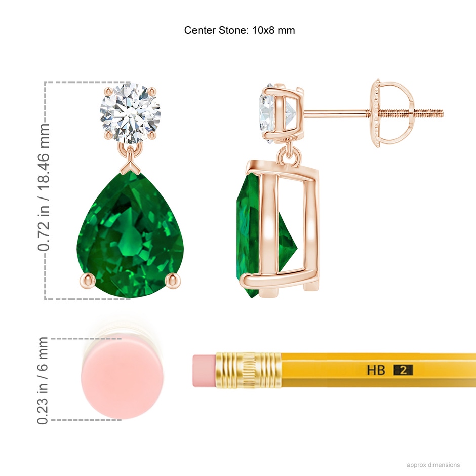 10x8mm Labgrown Lab-Grown Pear-Shaped Emerald Drop Earrings with Lab Diamond in Rose Gold ruler