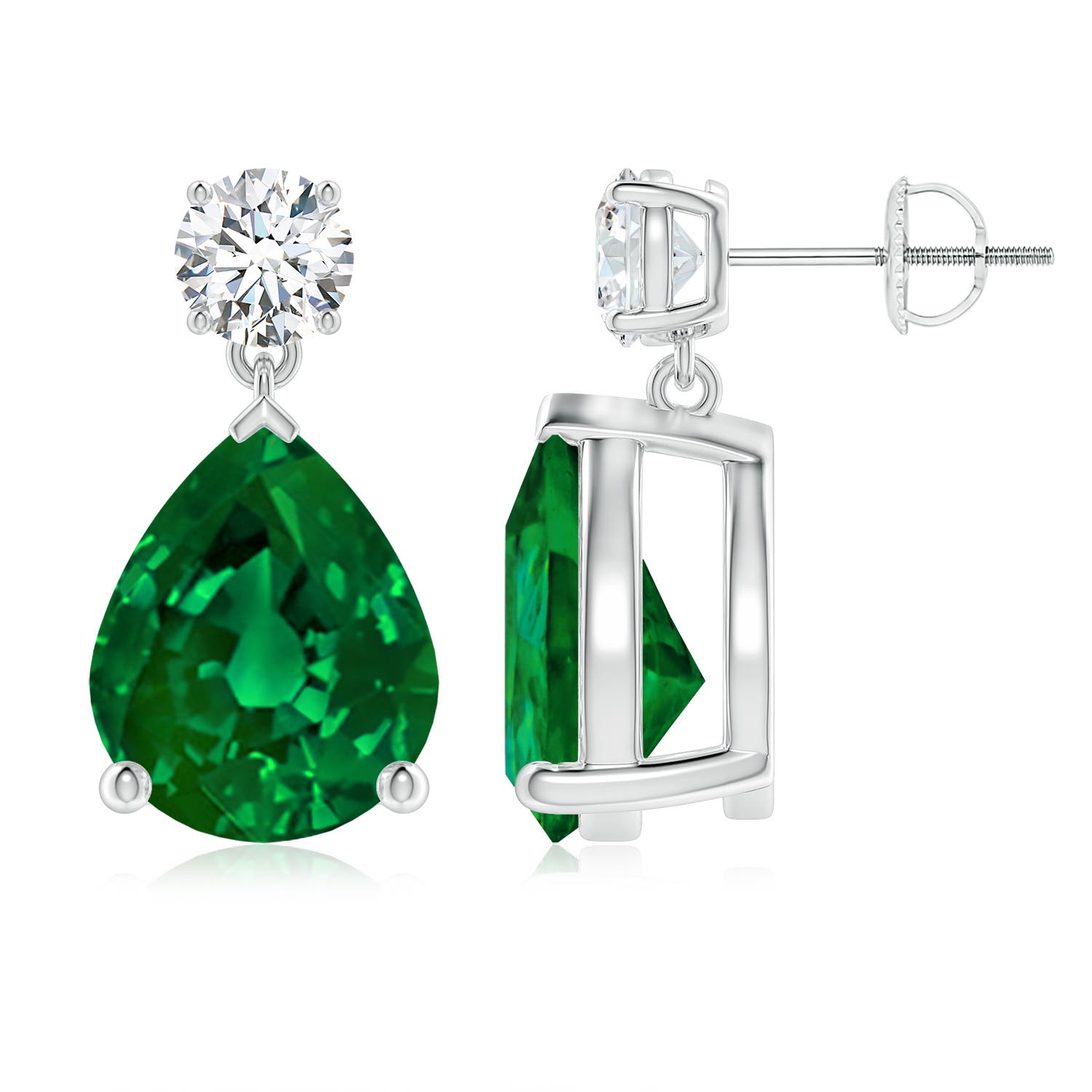 12x10mm Labgrown Lab-Grown Pear-Shaped Emerald Drop Earrings with Lab Diamond in 18K White Gold