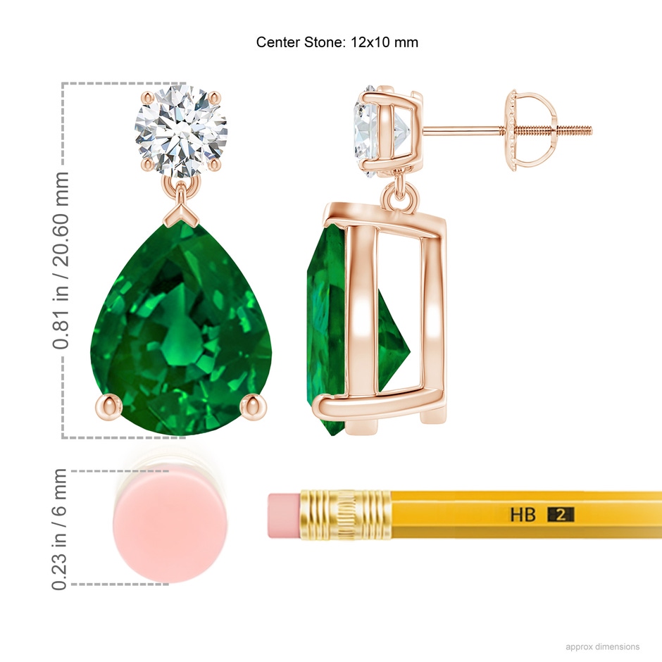 12x10mm Labgrown Lab-Grown Pear-Shaped Emerald Drop Earrings with Lab Diamond in Rose Gold ruler