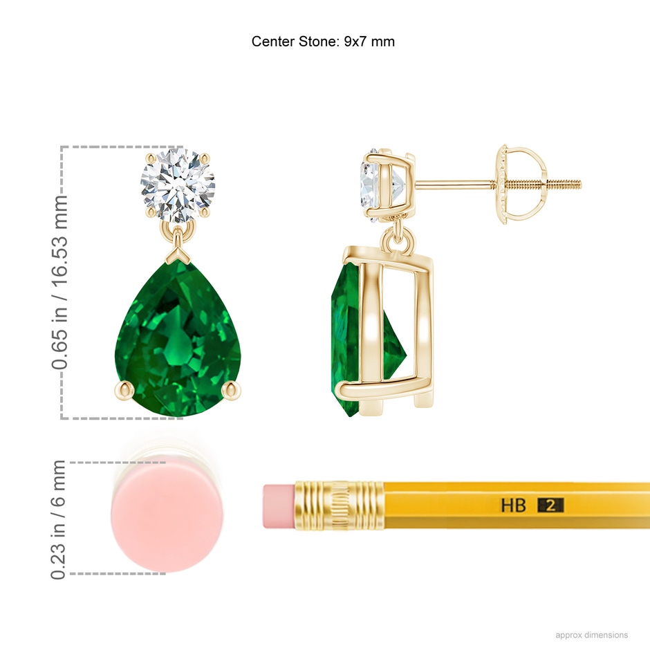 9x7mm Labgrown Lab-Grown Pear-Shaped Emerald Drop Earrings with Lab Diamond in 9K Yellow Gold ruler